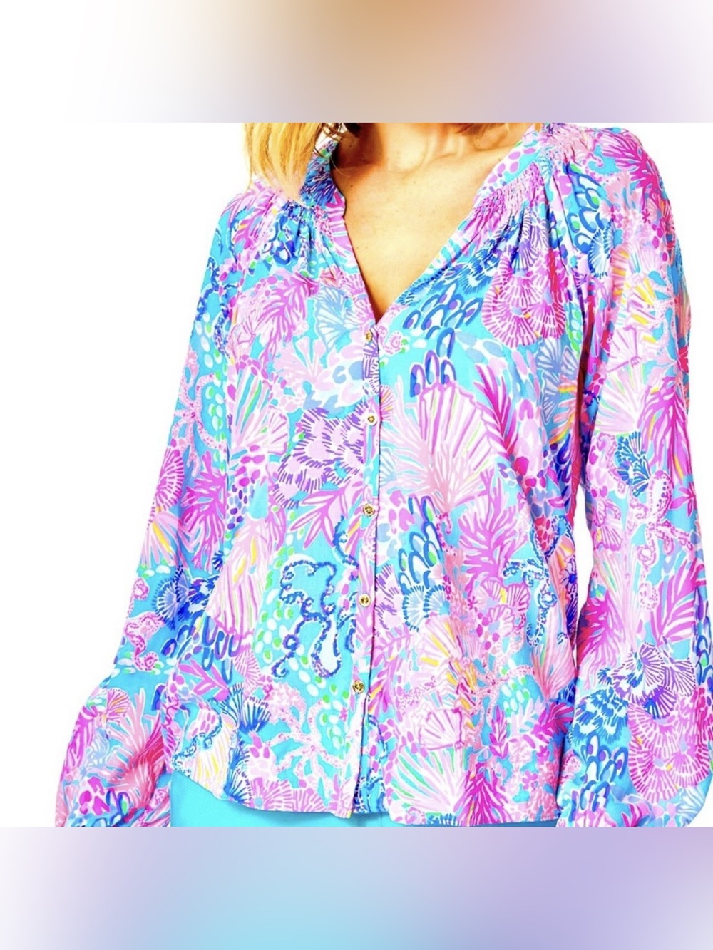 Lilly Pulitzer Nolena Long Sleeves Top Multi Splendor In The Sand, XL